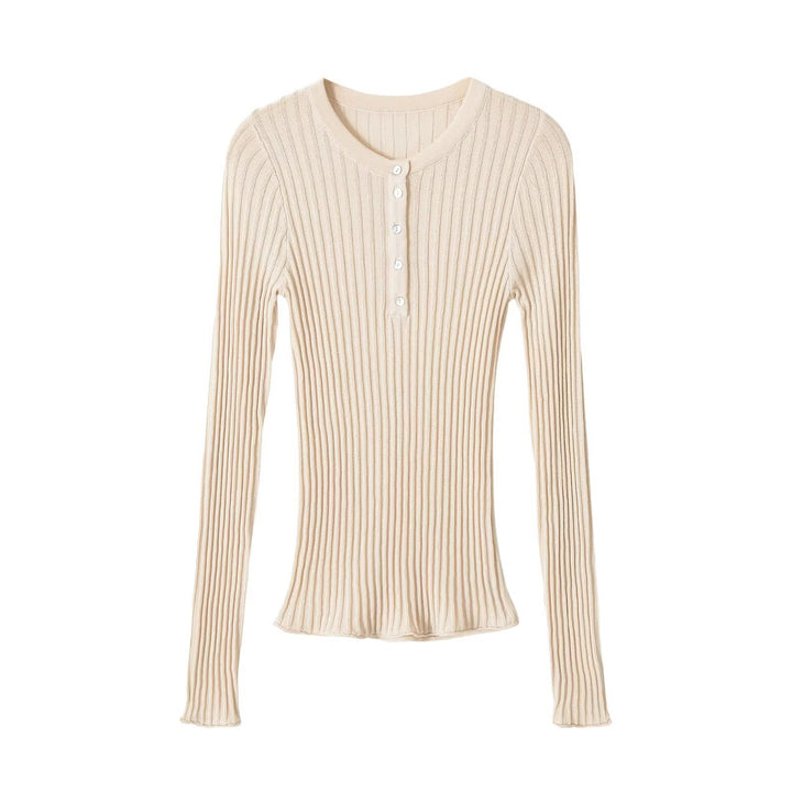 Damen Feinstrick-Longsleeve mit Rippstruktur und Knopfleiste Drune