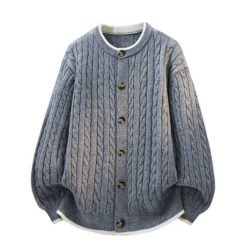 Damen Oversize Zopfstrick-Cardigan mit Rundhalsausschnitt, Holzknopfleiste & Kontrastbesatz Drune