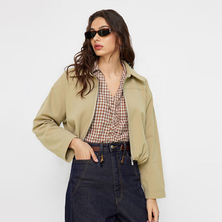 Damen kurze Oversize-Bomberjacke mit Reißverschluss, leichtem Kragen und elastischem Saum Drune