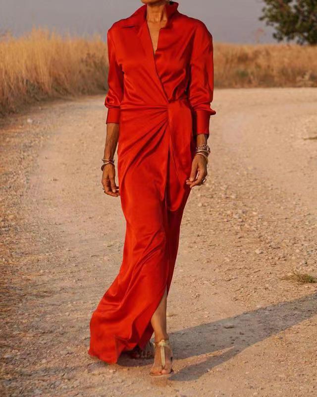 Damen Elegantes Wickel-Maxi-Kleid mit vielseitigem Kragen und seitlichem Schlitz Drune