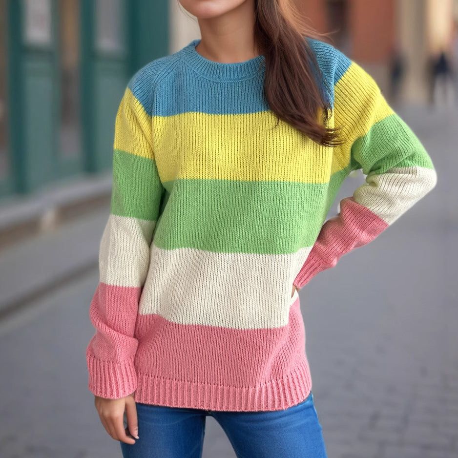 Damen lässiger Strickpullover mit bunten Blockstreifen und weitem Schnitt Drune