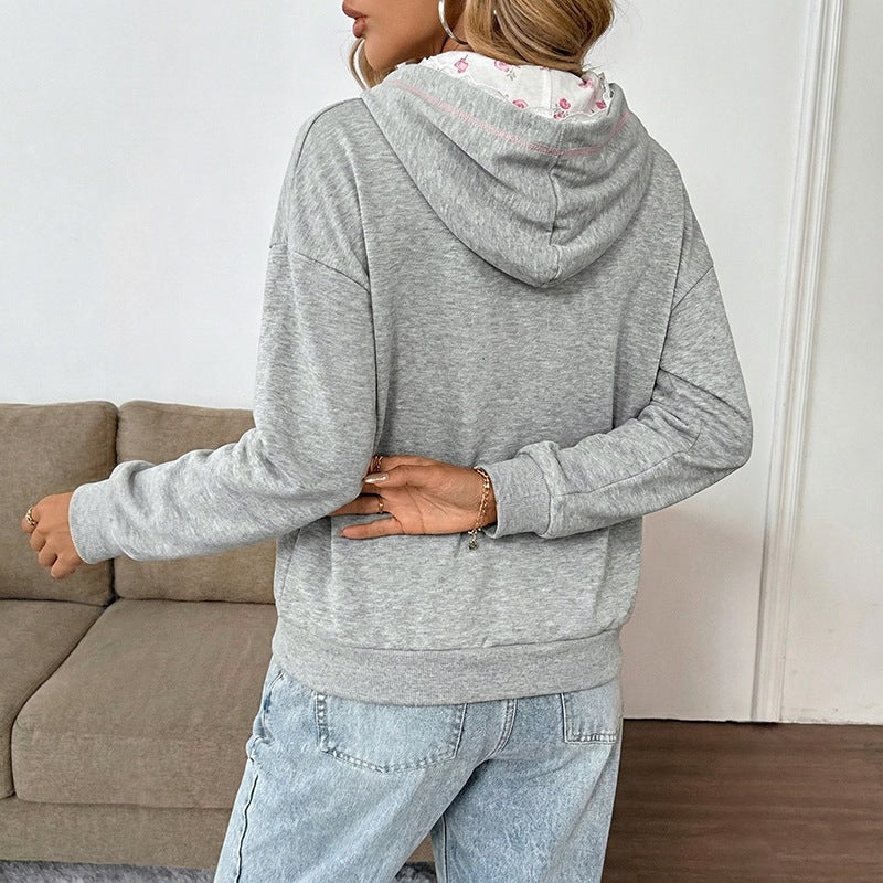 Damen Eleganter Kapuzenpullover mit Spitzenakzenten Drune