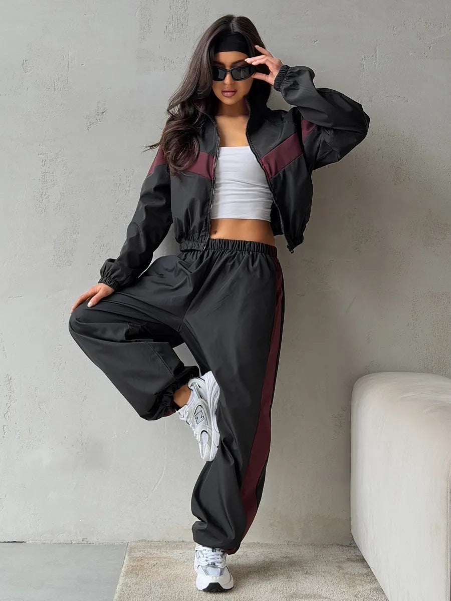 Damen Zweiteiliges Track-Set mit Cropped-Windjacke und weitem Jogger Drune