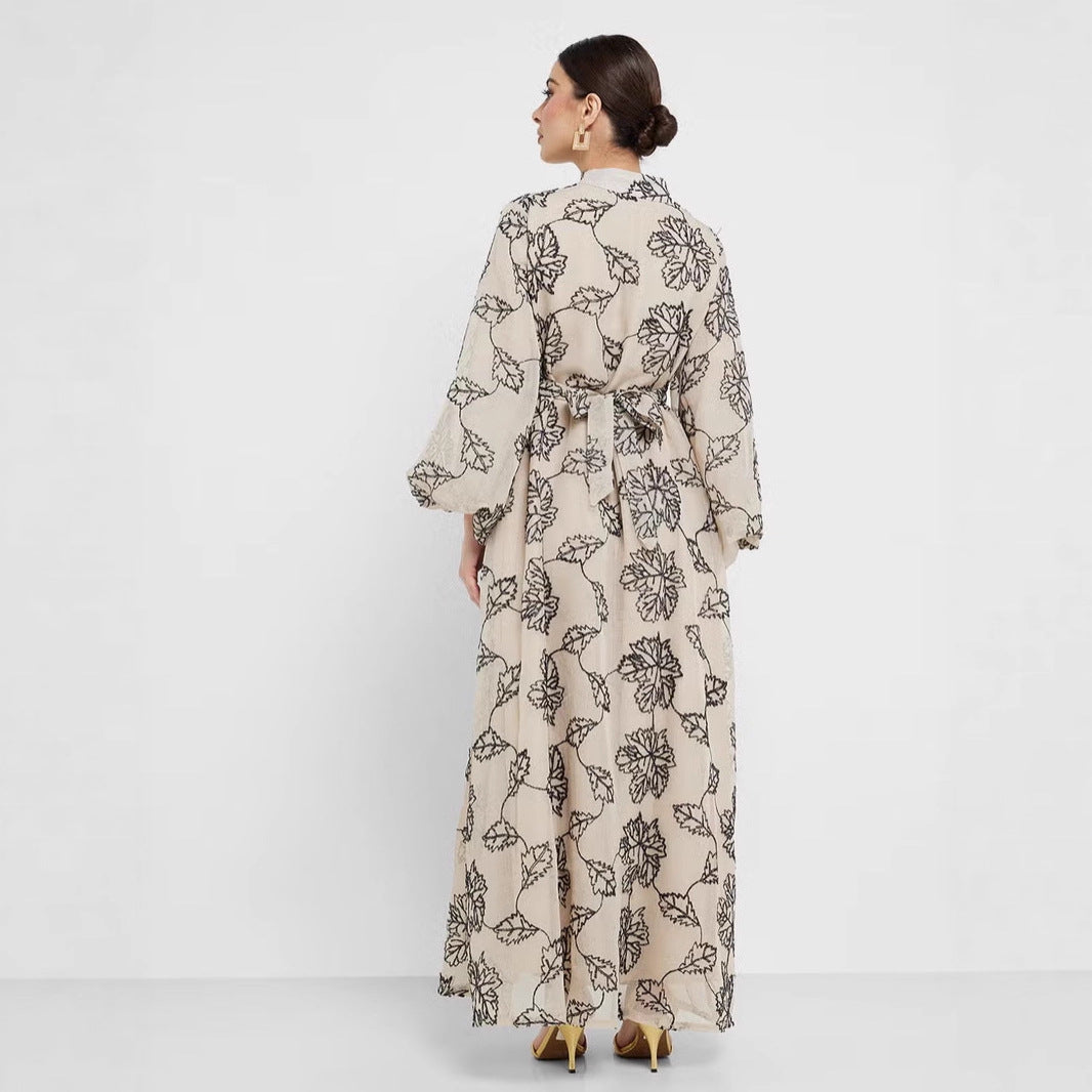 Damen Besticktes Maxikleid im Kaftan-Stil mit Reißverschluss, Taillengürtel und Ballonärmeln Drune
