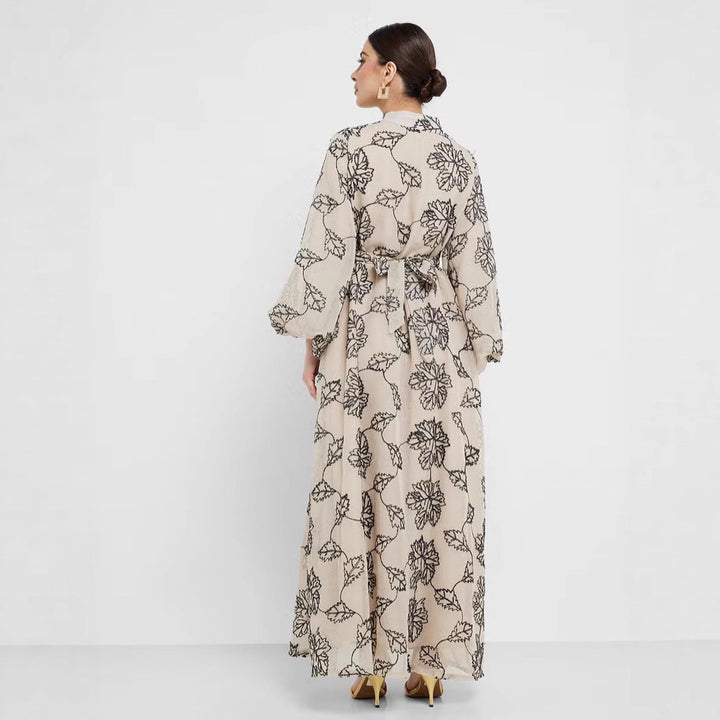 Damen Besticktes Maxikleid im Kaftan-Stil mit Reißverschluss, Taillengürtel und Ballonärmeln Drune
