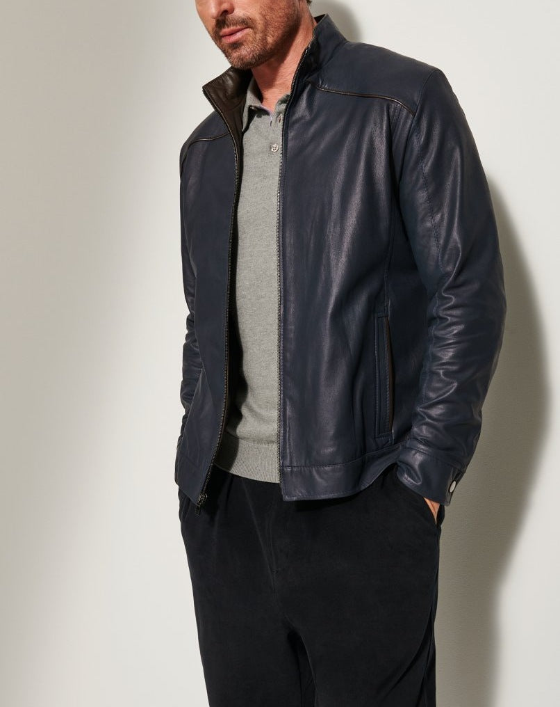 Herren Lederjacke mit elegantem Stehkragen und seitlichen Reißverschlusstaschen Drune