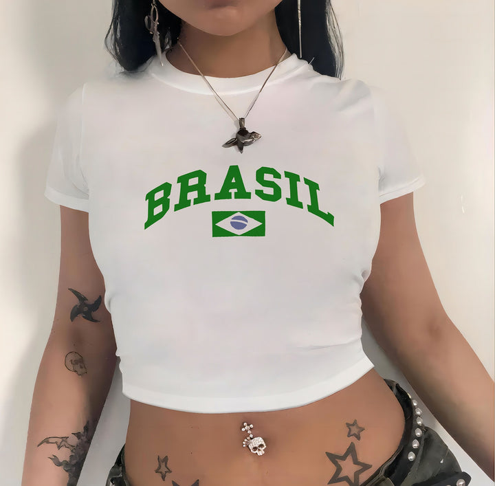 Damen cropped T-Shirt mit exklusivem Pferdemotiv und figurbetontem Schnitt Drune