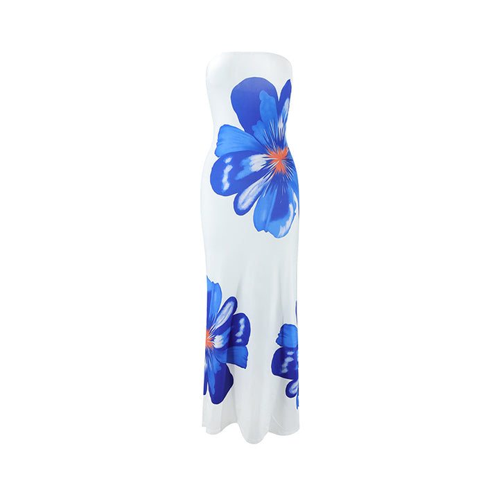 Damen schulterfreies Maxi-Kleid mit floralen Motiven und fließendem Schnitt Drune