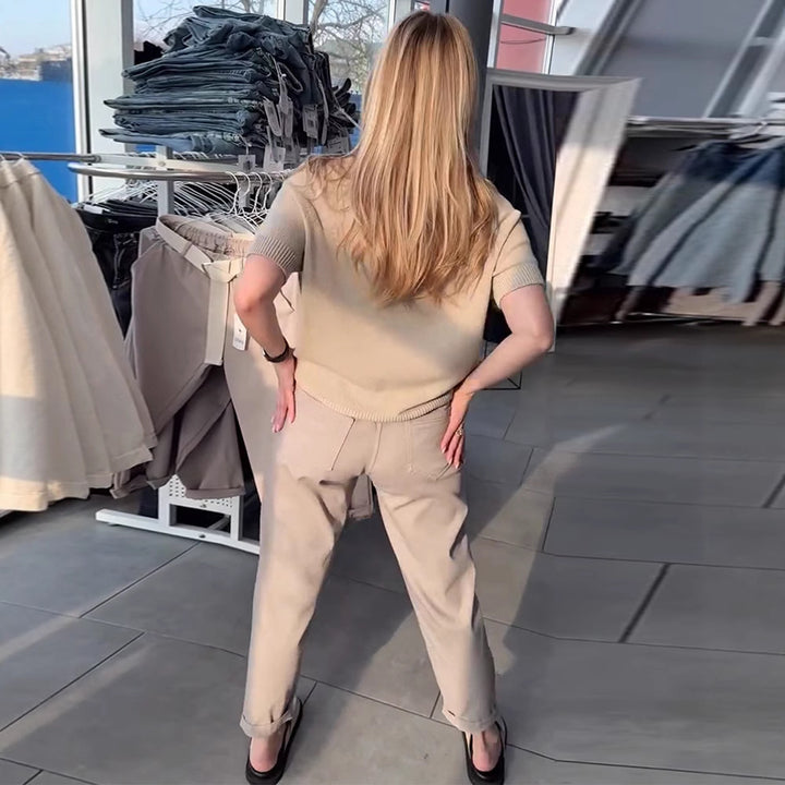 Damen nan lässige Baumwoll-Chino mit elastischem Komfortbund, Umschlag und Ziergürtel Drune