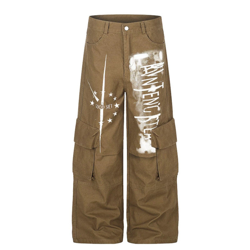 Damen weite Cargo‑Culotte‑Hose mit Graffiti‑Print und großen Klappentaschen Drune