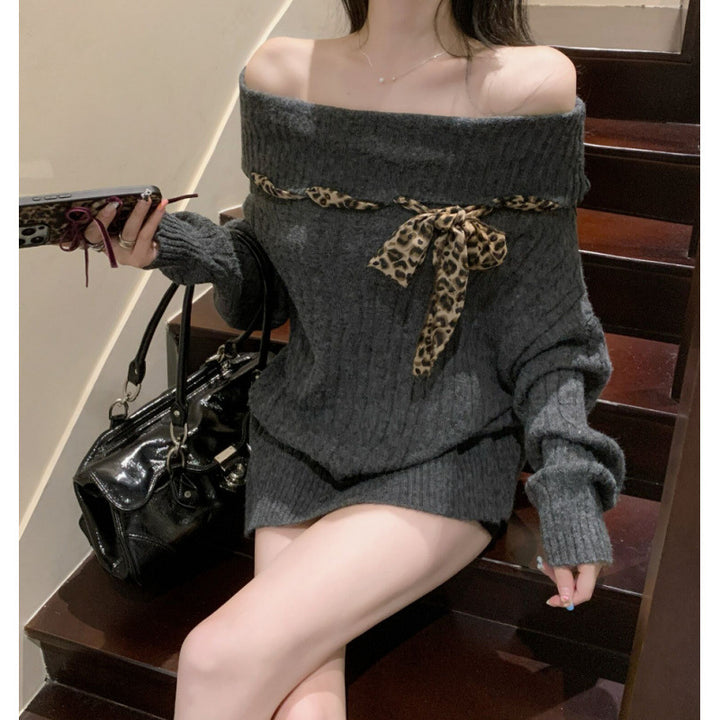 Damen Grobstrickpullover mit offener Schulter und verspieltem Schleifenakzent Drune