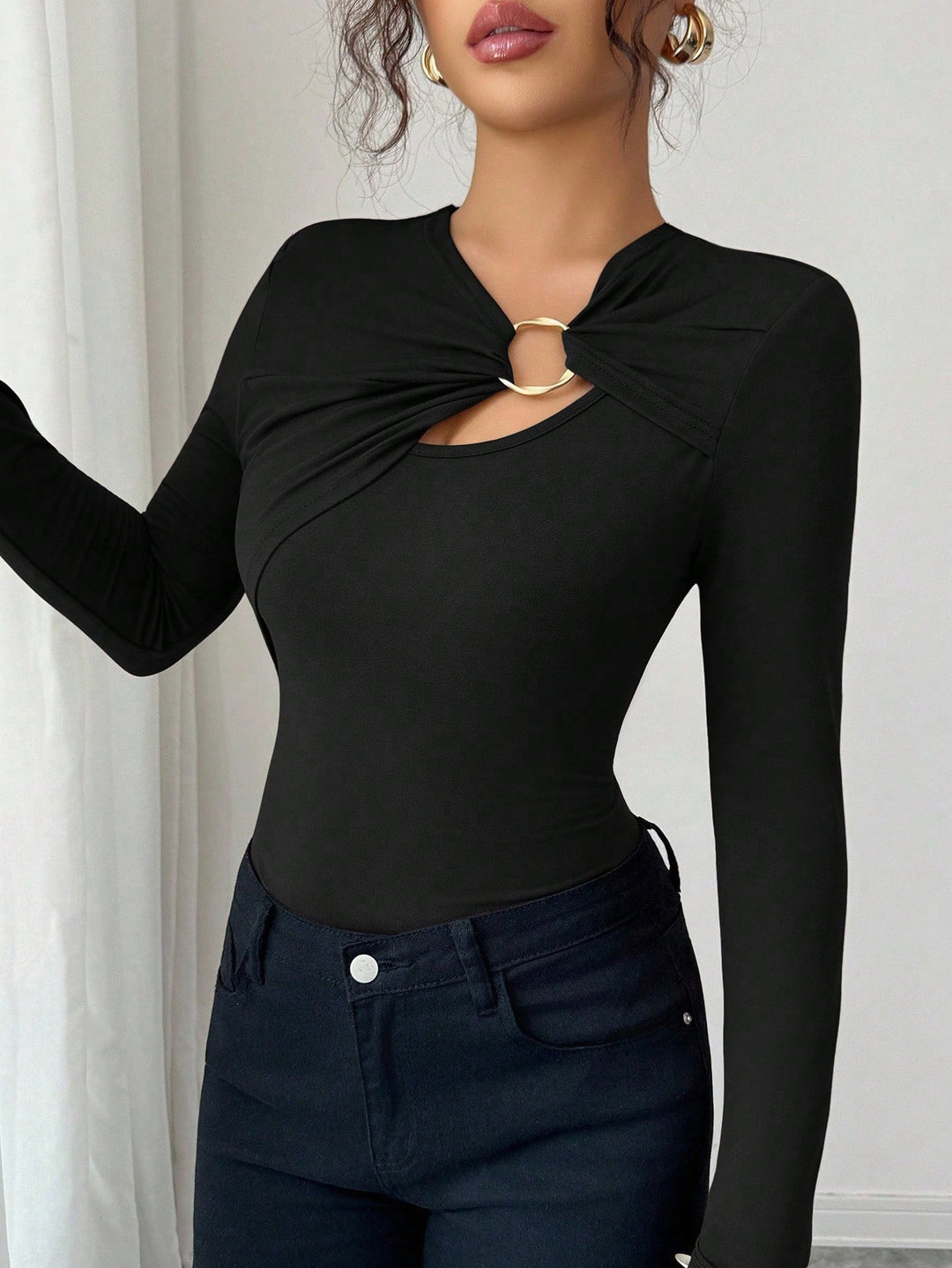 Damen nan figurbetonter Langarm-Body mit Leopardenprint und Zier-Ring Drune