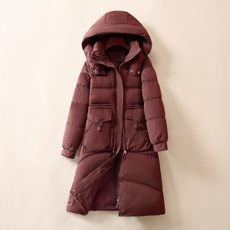 Damen Lange, warme Pufferjacke mit praktischen Taschen und Kapuze Drune
