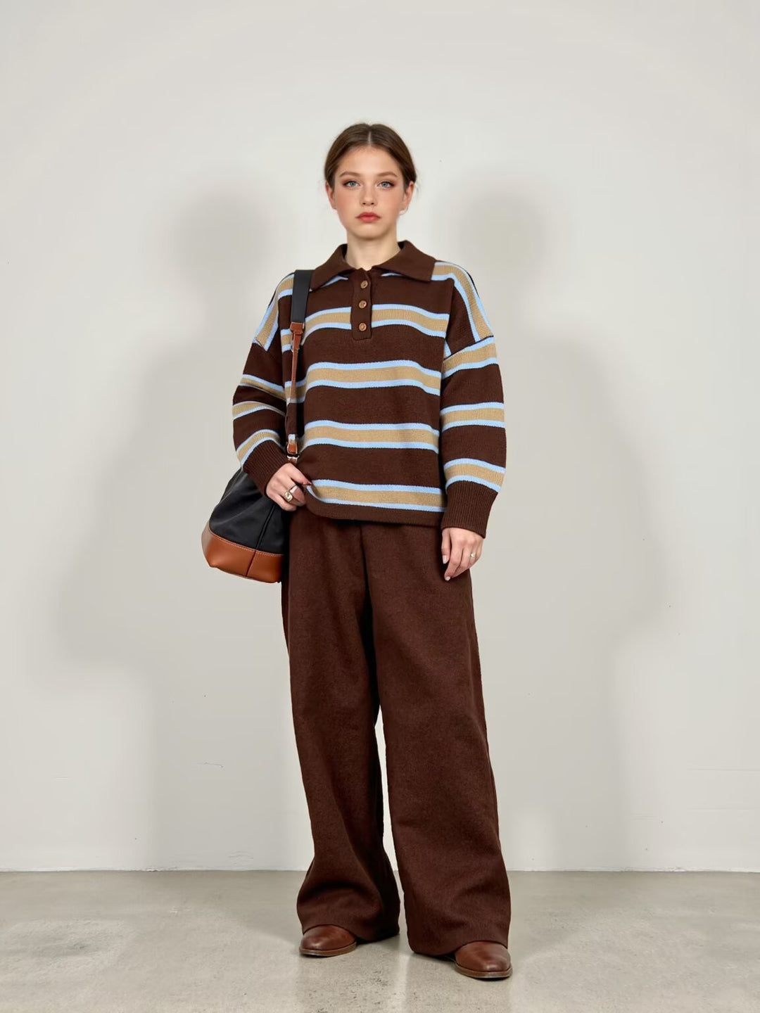 Damen Gestreifter Oversize-Strickpullover mit Polokragen und Rippbündchen Drune