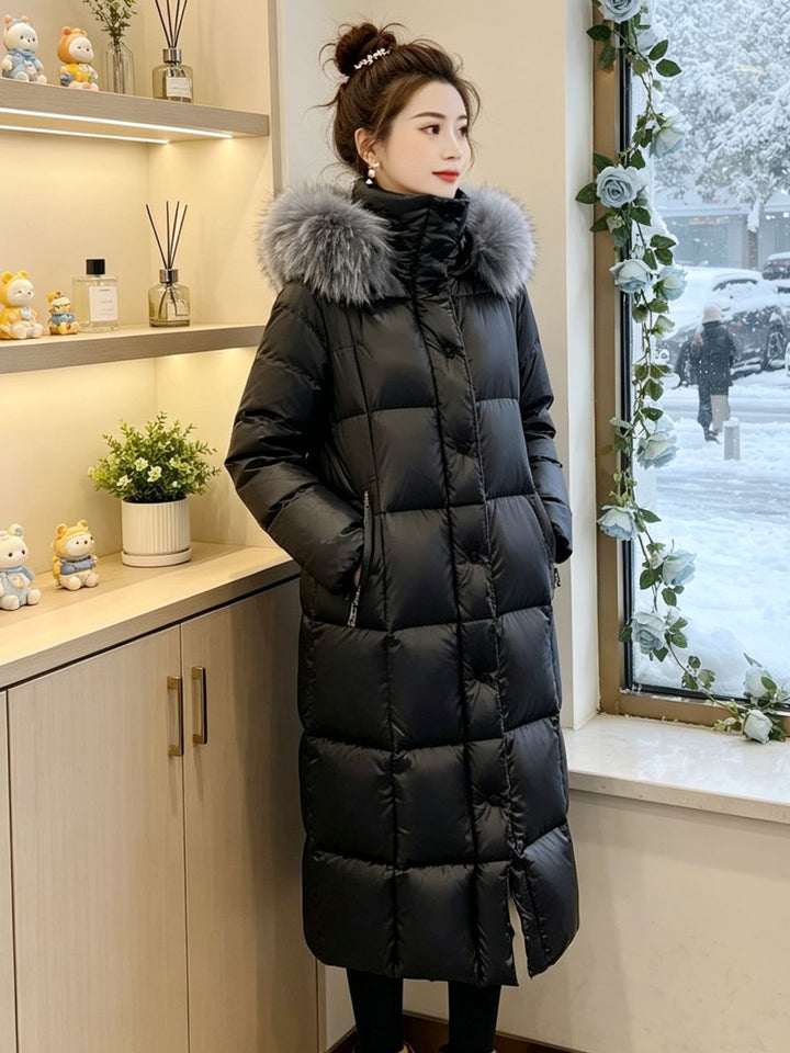 Damen Lange Daunenjacke mit Kunstfellkragen Drune
