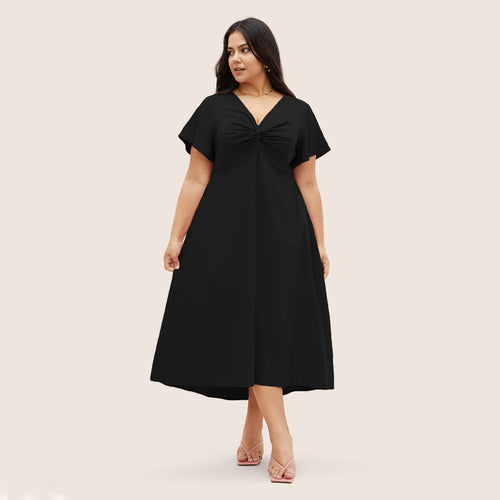 Damen Elegant geschnittenes Midikleid mit Knotendetail und kurzen Ärmeln Drune