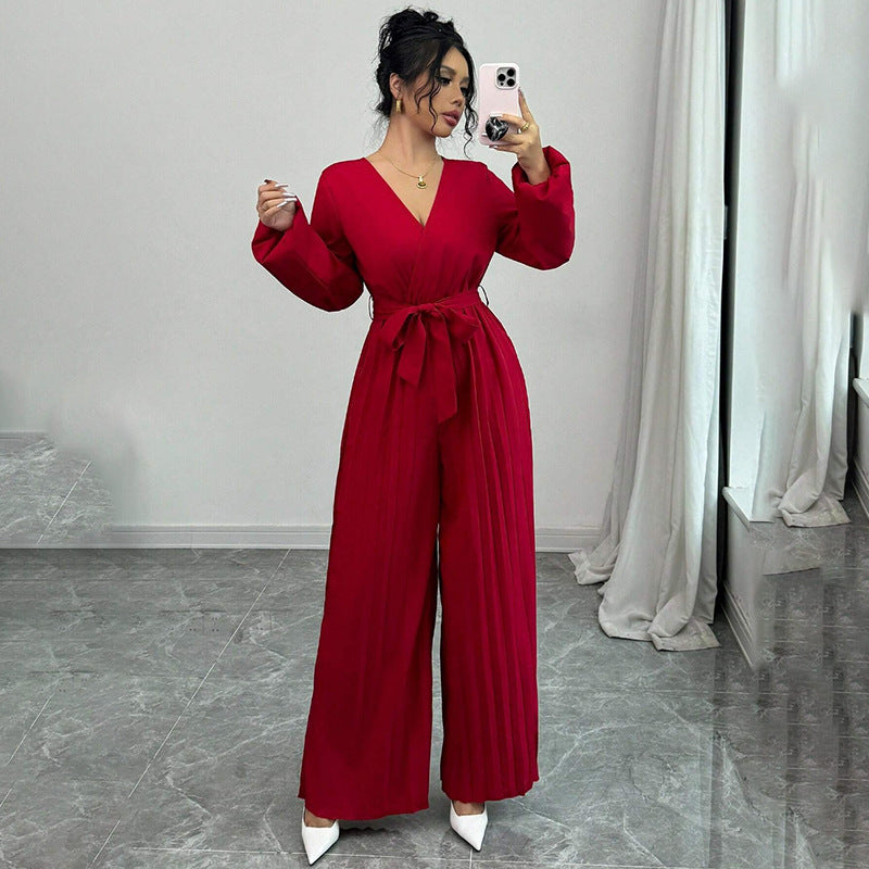 Damen Eleganter Plissee Jumpsuit Drune