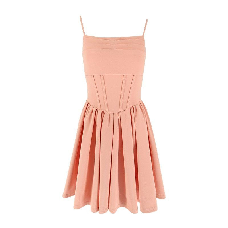 Damen schickes Sommerkleid mit Trägern und Falten Drune