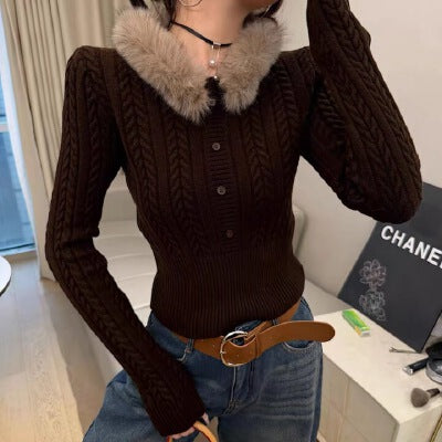 Damen Eleganter Strickpullover mit Kunstfellkragen Drune