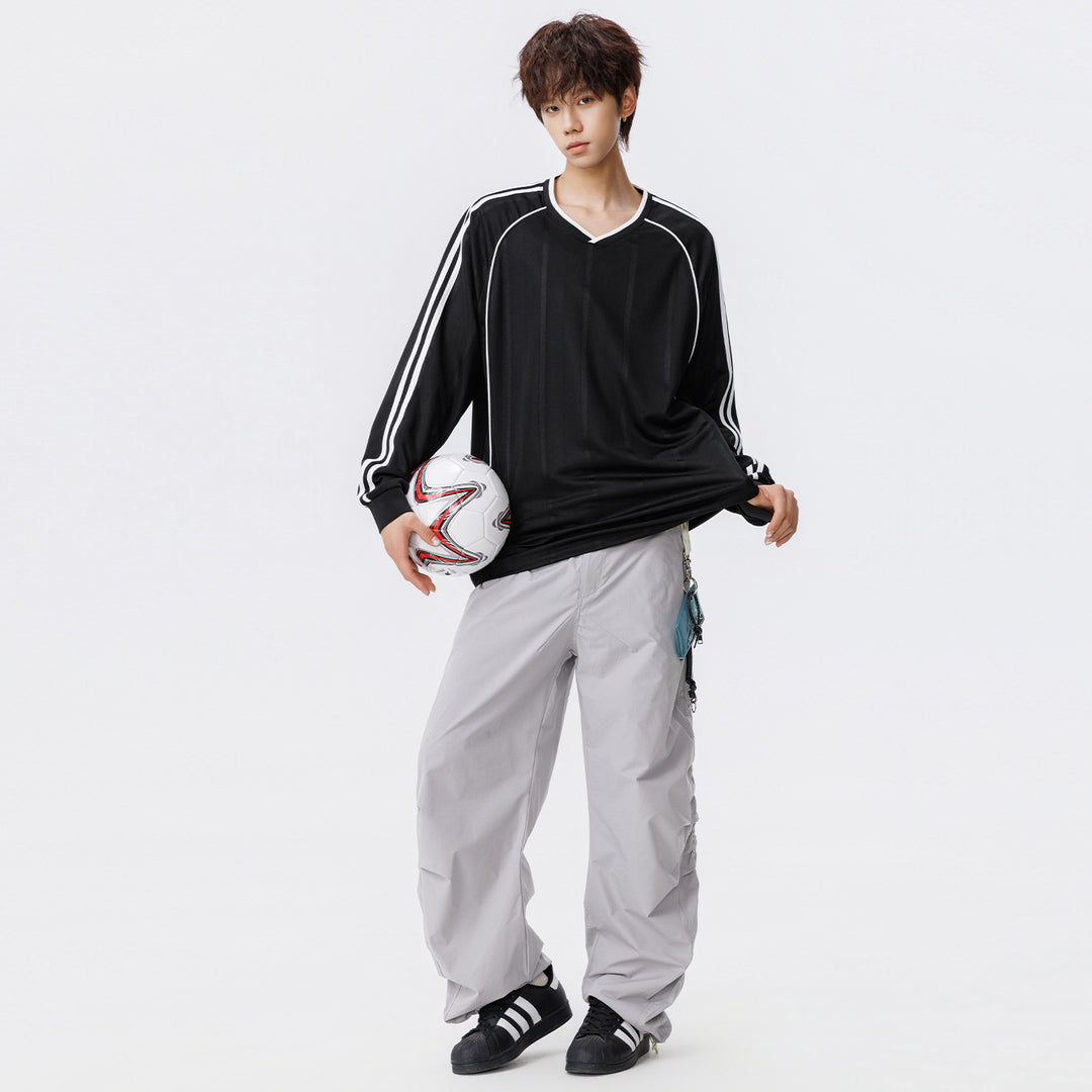 Damen Weites V-Ausschnitt Oversize-Sportshirt mit Raglanärmeln und Kontraststreifen Drune