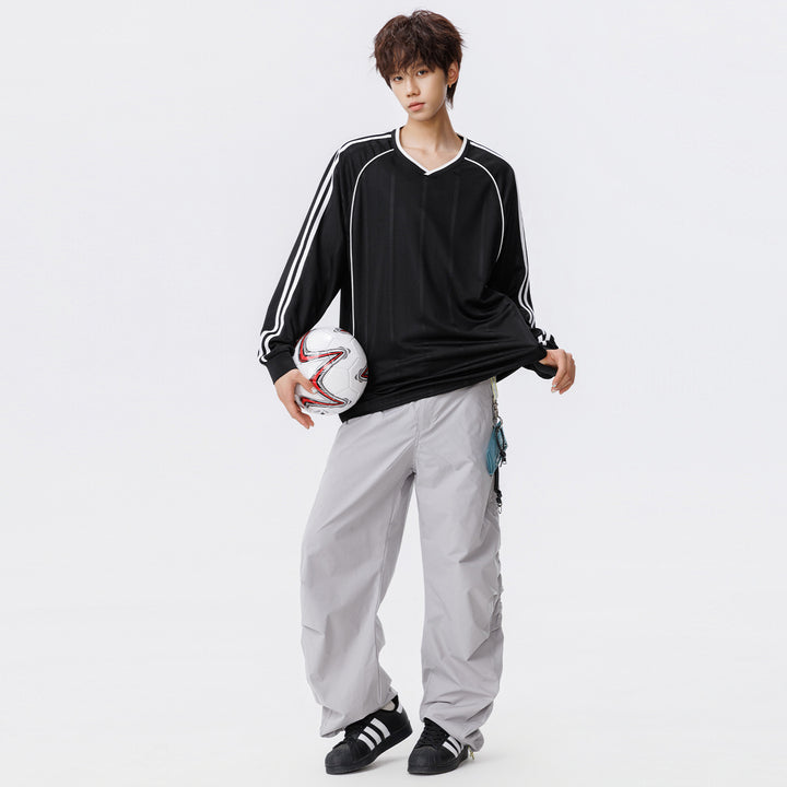 Damen Weites V-Ausschnitt Oversize-Sportshirt mit Raglanärmeln und Kontraststreifen Drune