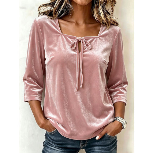 Damen Samtbluse mit eckigem Ausschnitt, Kordelzug und dreiviertel Ärmeln Drune