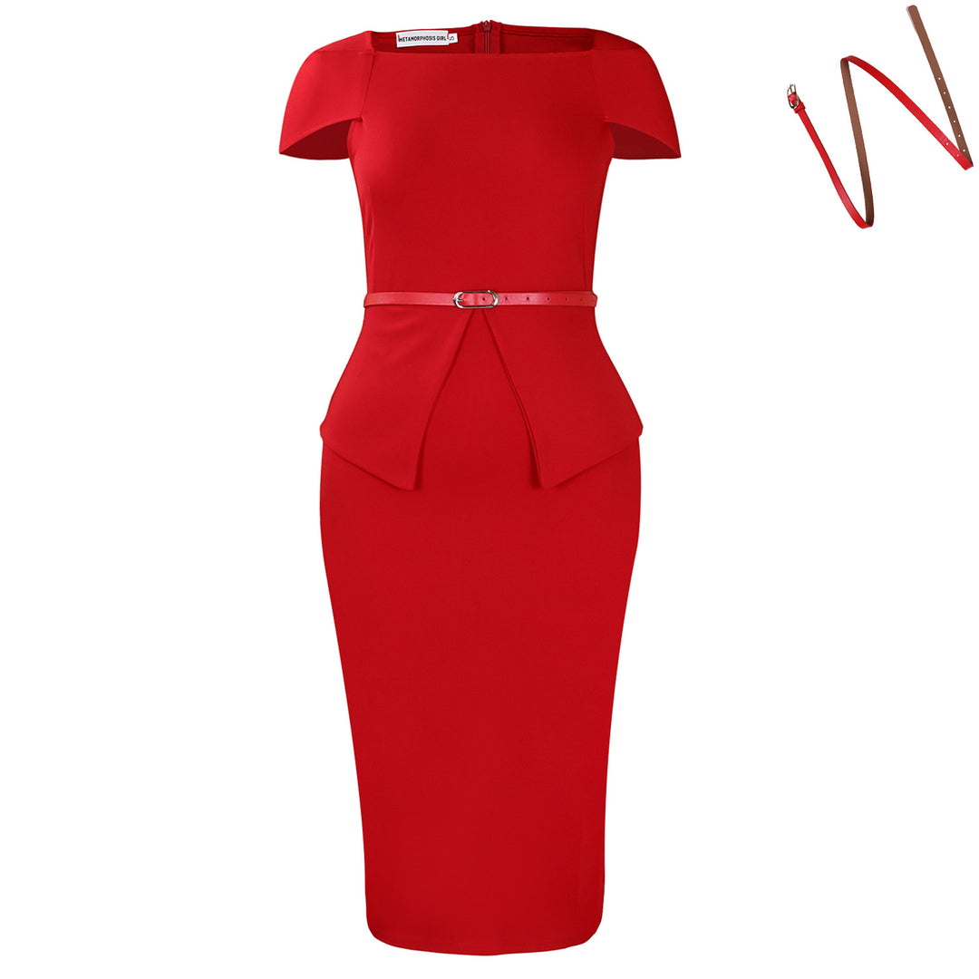 Damen figurbetontes Cocktailkleid mit schickem Peplum-Design und elegantem Gürtel Drune