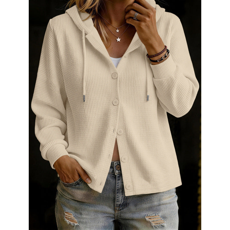 Damen Kapuzenstrickjacke im Waffelstrick mit Knopfleiste Drune