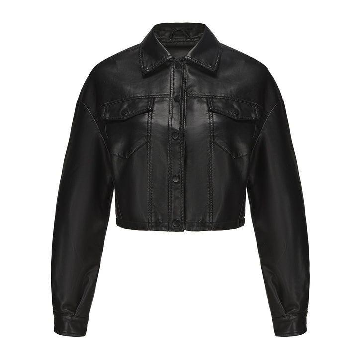 Damen nan kurze Oversized-Kunstlederjacke im Trucker-Stil mit Pattentaschen und verdeckter Druckknopfleiste Drune