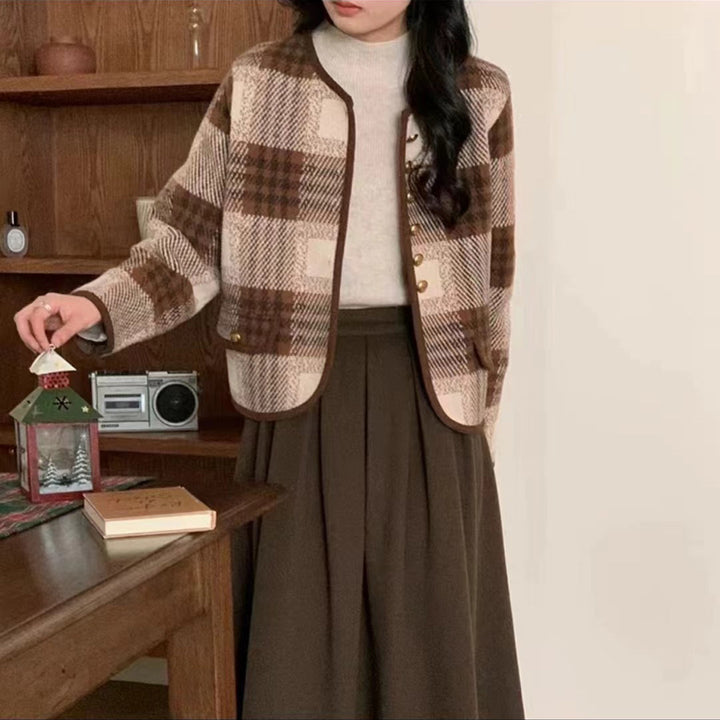 Damen Freizeitblazer mit eleganter Karomusterung und Knopfdetails Drune