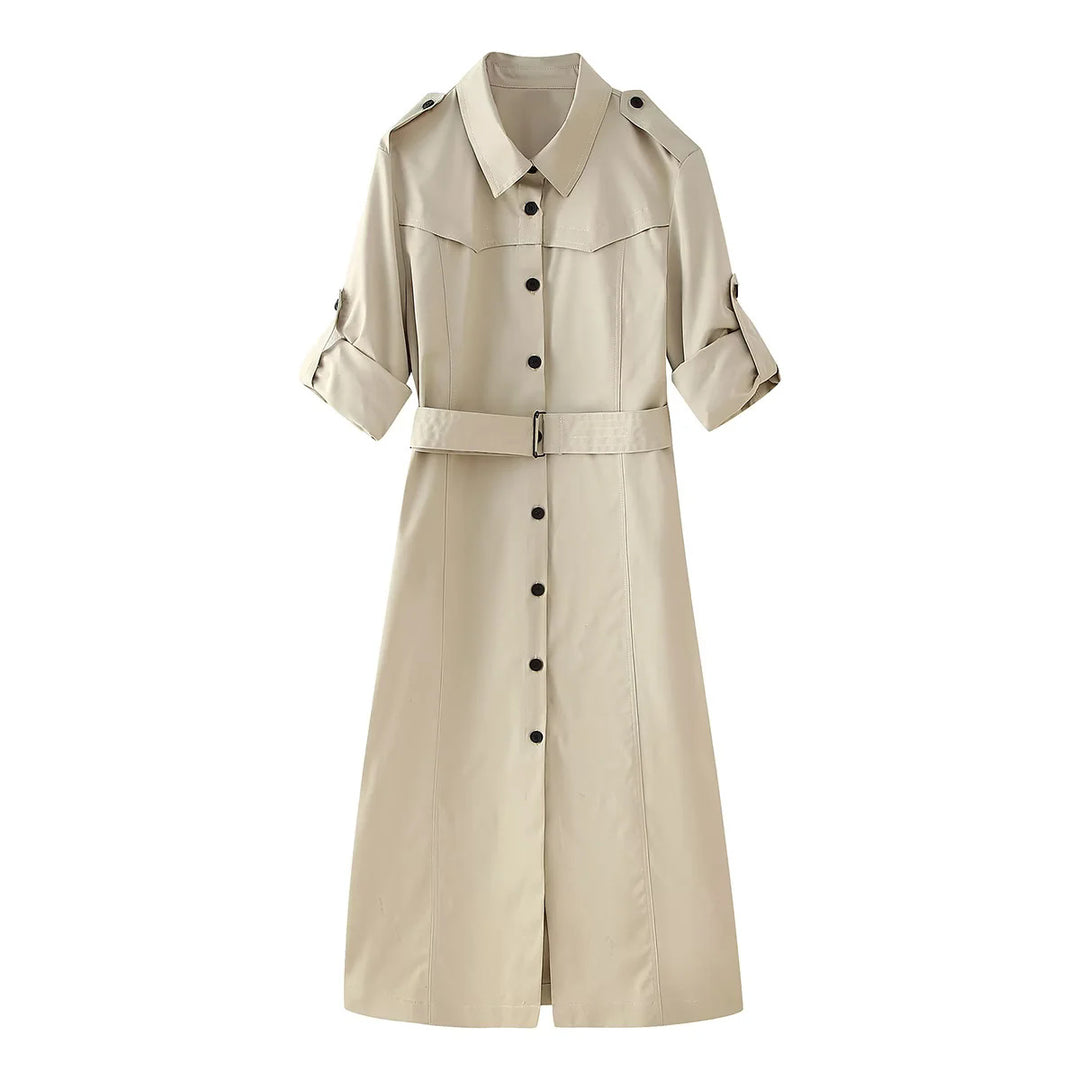 Damen nan langer taillierter Trenchcoat mit Taillengürtel Schulterklappen und durchgehender Knopfleiste Drune