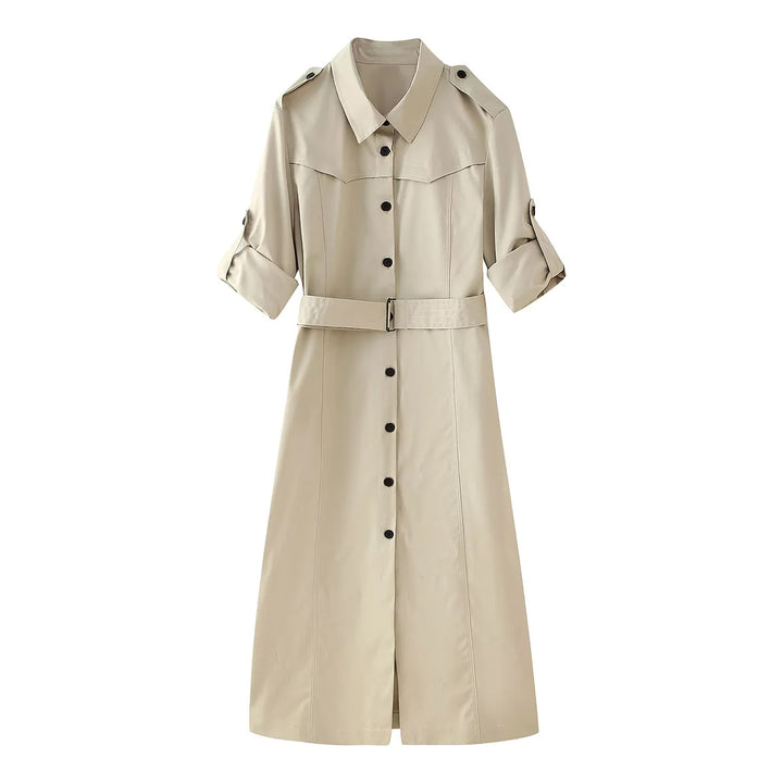 Damen nan langer taillierter Trenchcoat mit Taillengürtel Schulterklappen und durchgehender Knopfleiste Drune