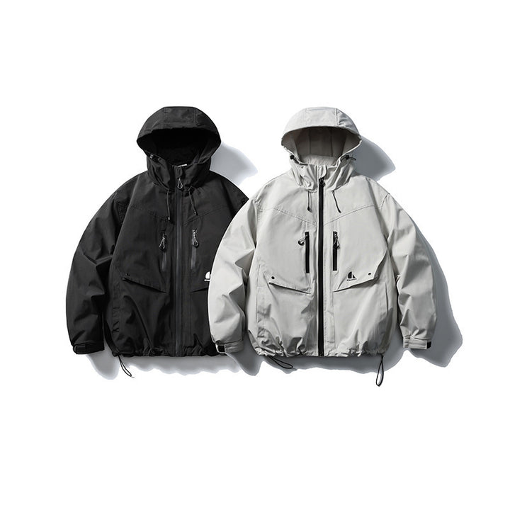 Unisex Wasserdichte technische Kapuzenjacke mit Mehrfach‑Taschen und verstellbarem Saum Drune