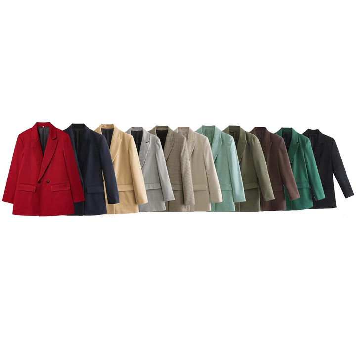 Damen 100+ geradliniger Longline Blazer mit Reverskragen, doppelreihiger Optik und Pattentaschen Drune