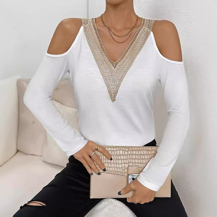 Damen nan Langarmshirt mit offenen Schultern und gehäkeltem V-Spitzenbesatz Drune