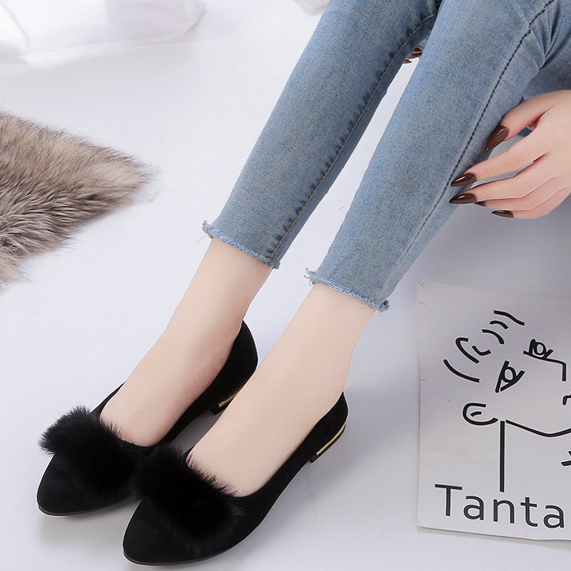Damen nan spitze Ballerina mit Kunstvelours-Obermaterial, Kunstfell-Pompon und metallischer Absatzapplikation Drune