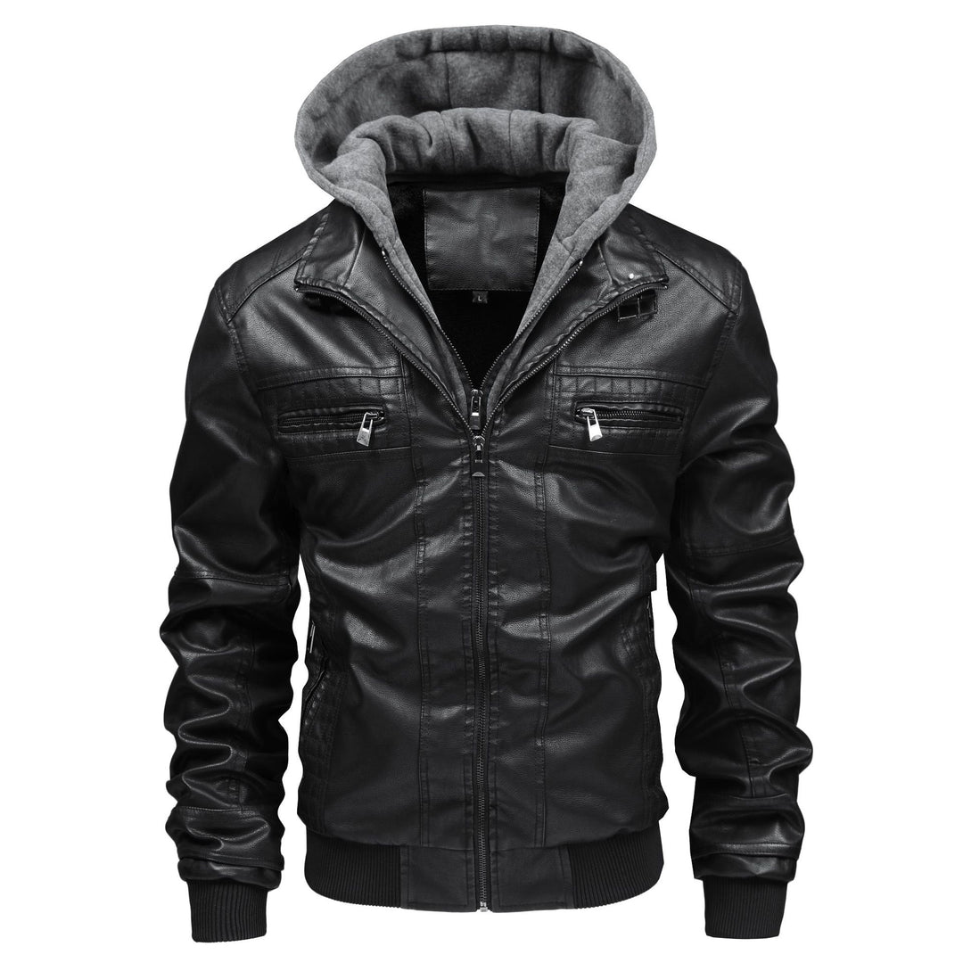 Herren Modische Kunstlederjacke mit integrierter Kapuze Drune