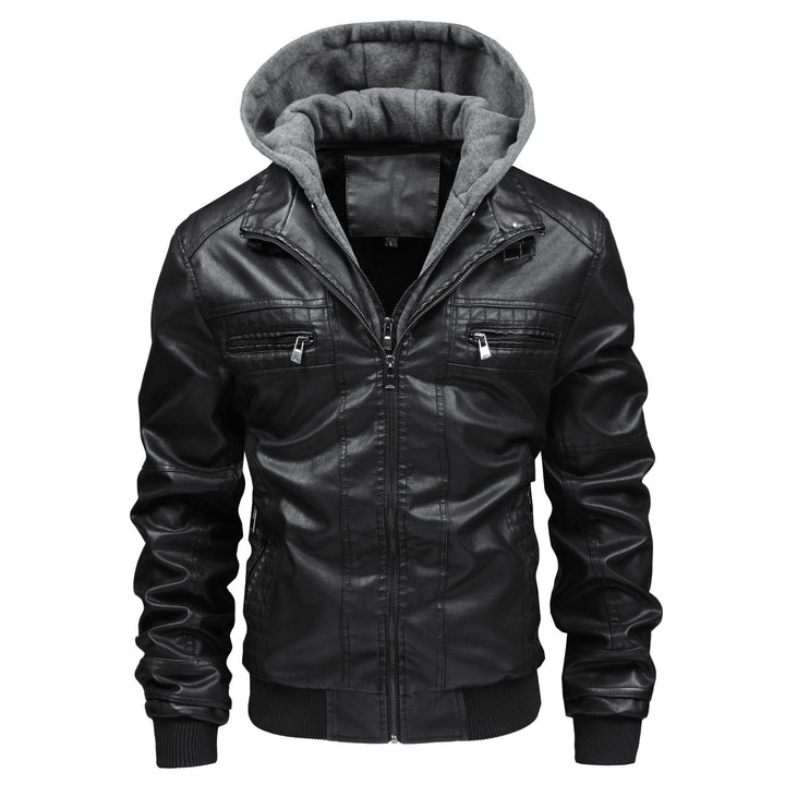 Herren Modische Kunstlederjacke mit integrierter Kapuze Drune