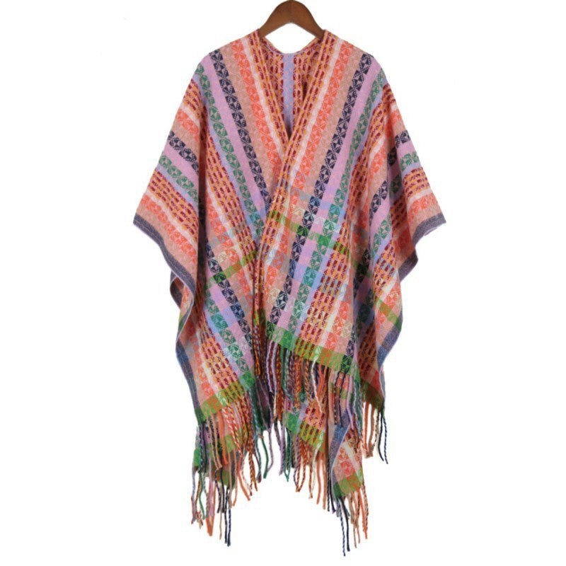 Damen Mehrfarbiger Web‑Poncho im Boho‑Patchwork‑Design mit Fransen Drune