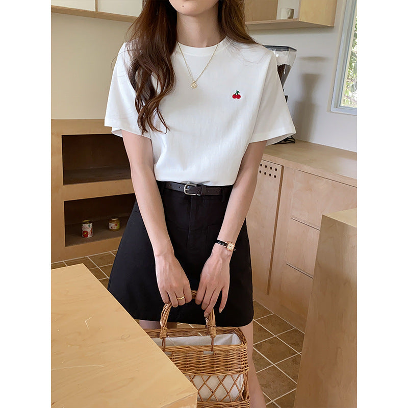 Damen Kurzarm-T-Shirt mit süßem Kirschmotiv Drune