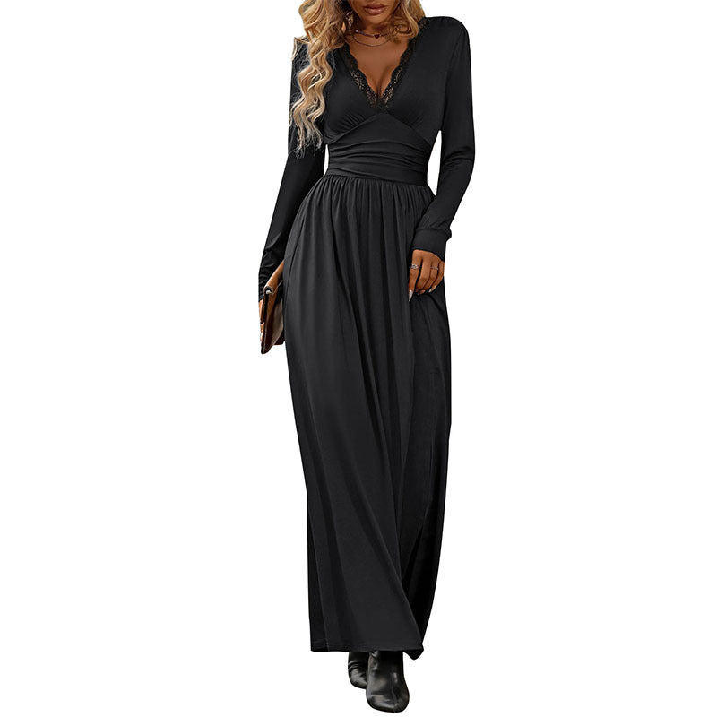 Damen Elegantes Maxikleid mit tiefem V-Ausschnitt und Rüschendetails Drune