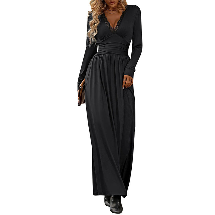 Damen Elegantes Maxikleid mit tiefem V-Ausschnitt und Rüschendetails Drune