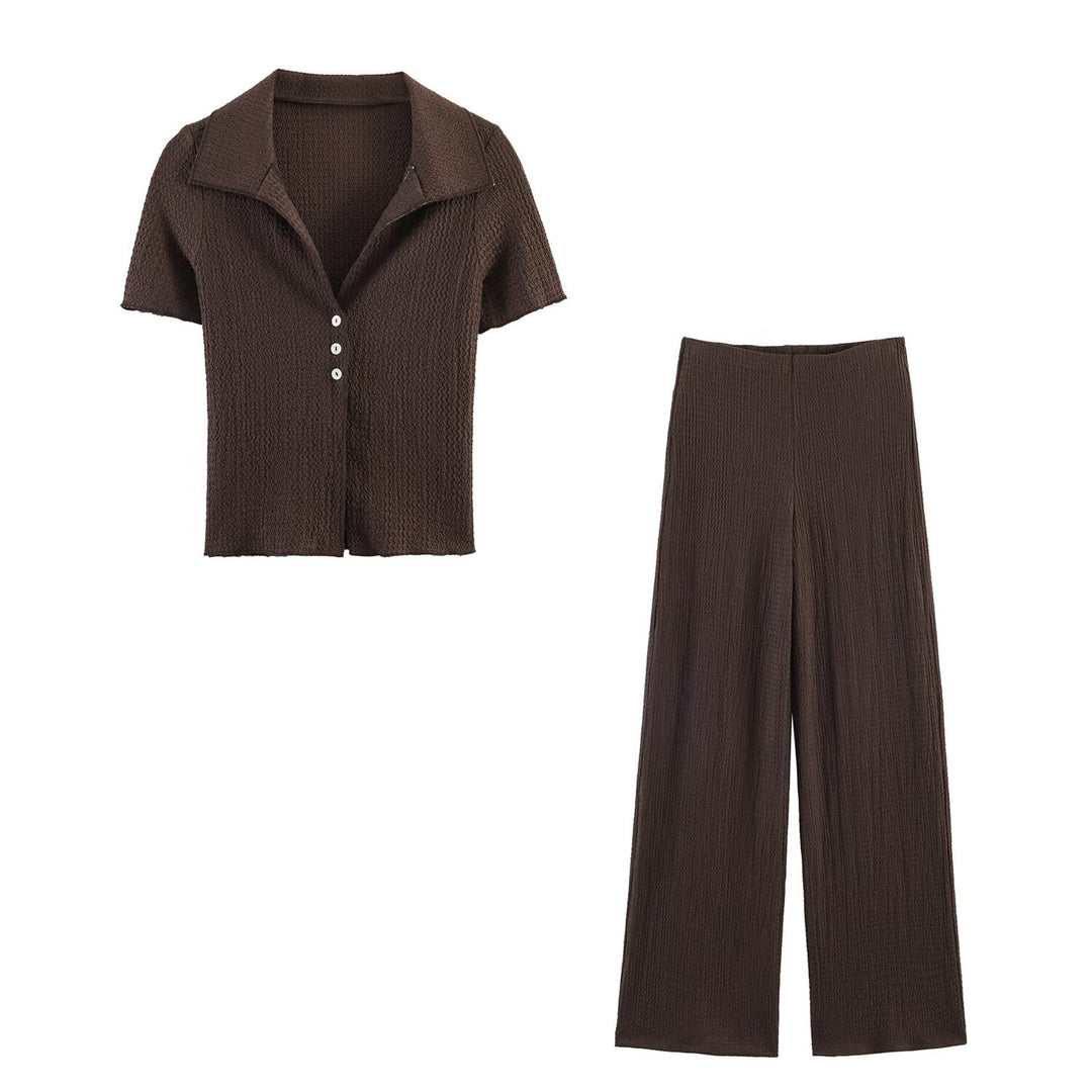 Damen Zweiteiliges Feinstrick-Set mit Kurzarm-Polokragen-Top und High‑Waist Weitbein‑Hose Drune