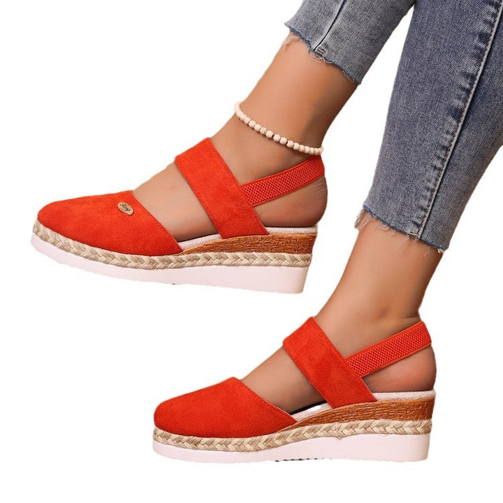 Damen  Espadrille-Keilpantoletten mit elastischem Fersenriemen, Veloursoptik-Obermaterial und geflochtenem Jute-Plateau Drune