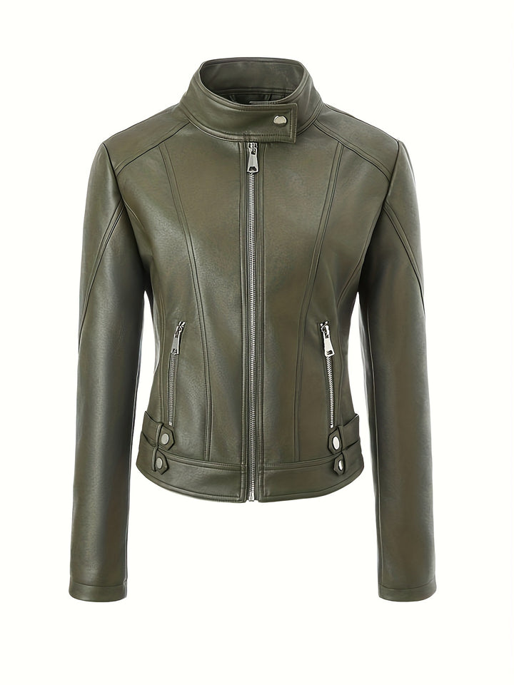 Damen Modische Kunstlederjacke mit Reißverschluss und seitlichen Taschen Drune