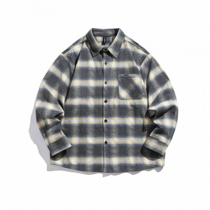 Unisex Kastenförmiges kariertes Flanell-Overshirt mit aufgesetzter Brusttasche und Boxy-Schnitt Drune