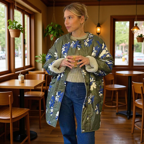 Damen Gepolsterter Steppmantel mit floralem Allover-Print und Teddy-Futter Drune