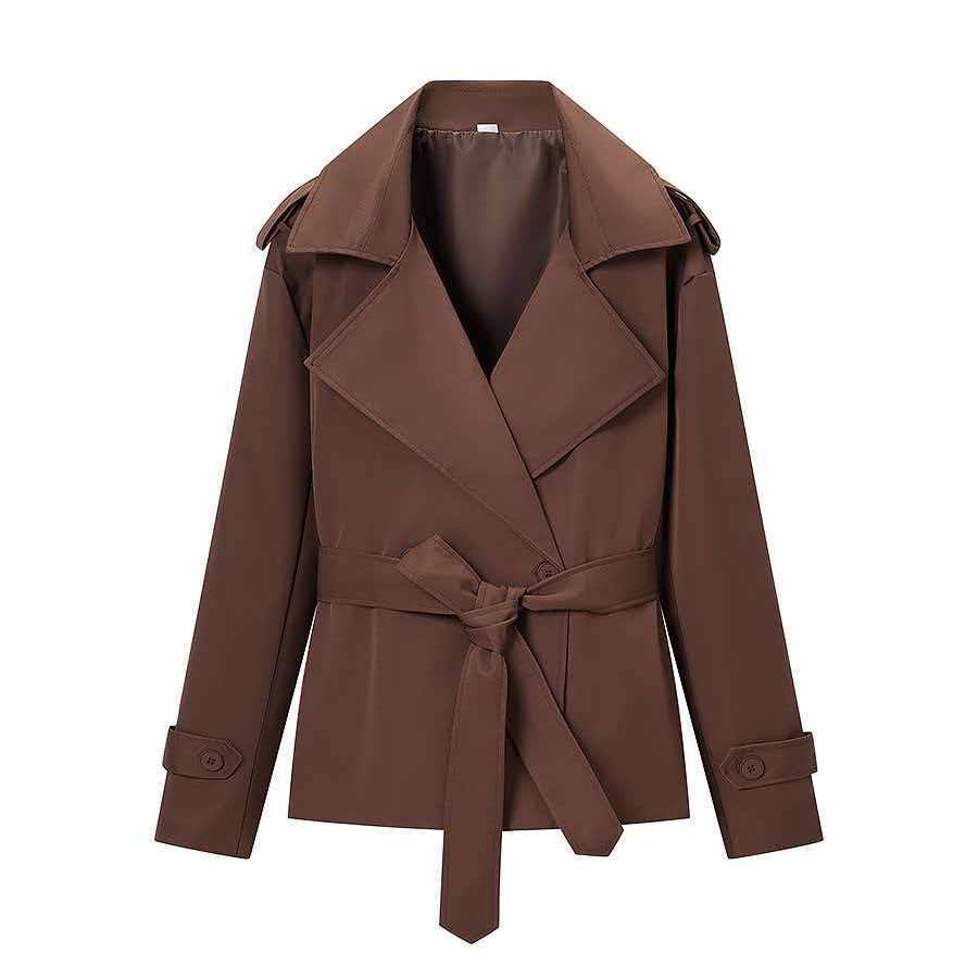 Damen nan kurze Trenchcoat Jacke mit Taillengürtel breitem Revers und dekorativen Schulterklappen Drune