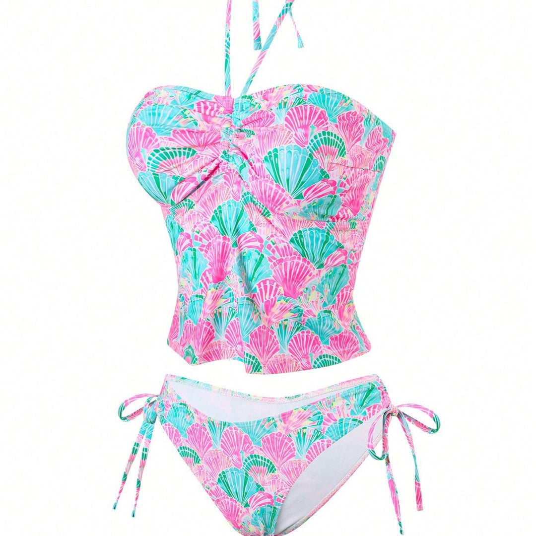 Damen Bandeau-Bikini mit verspieltem Muschelmuster und verstellbaren Trägern Drune