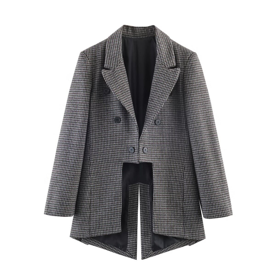 Damen Doppelreihiger Hahnentritt-Blazer mit Cutaway-Saum und Gehschlitz Drune
